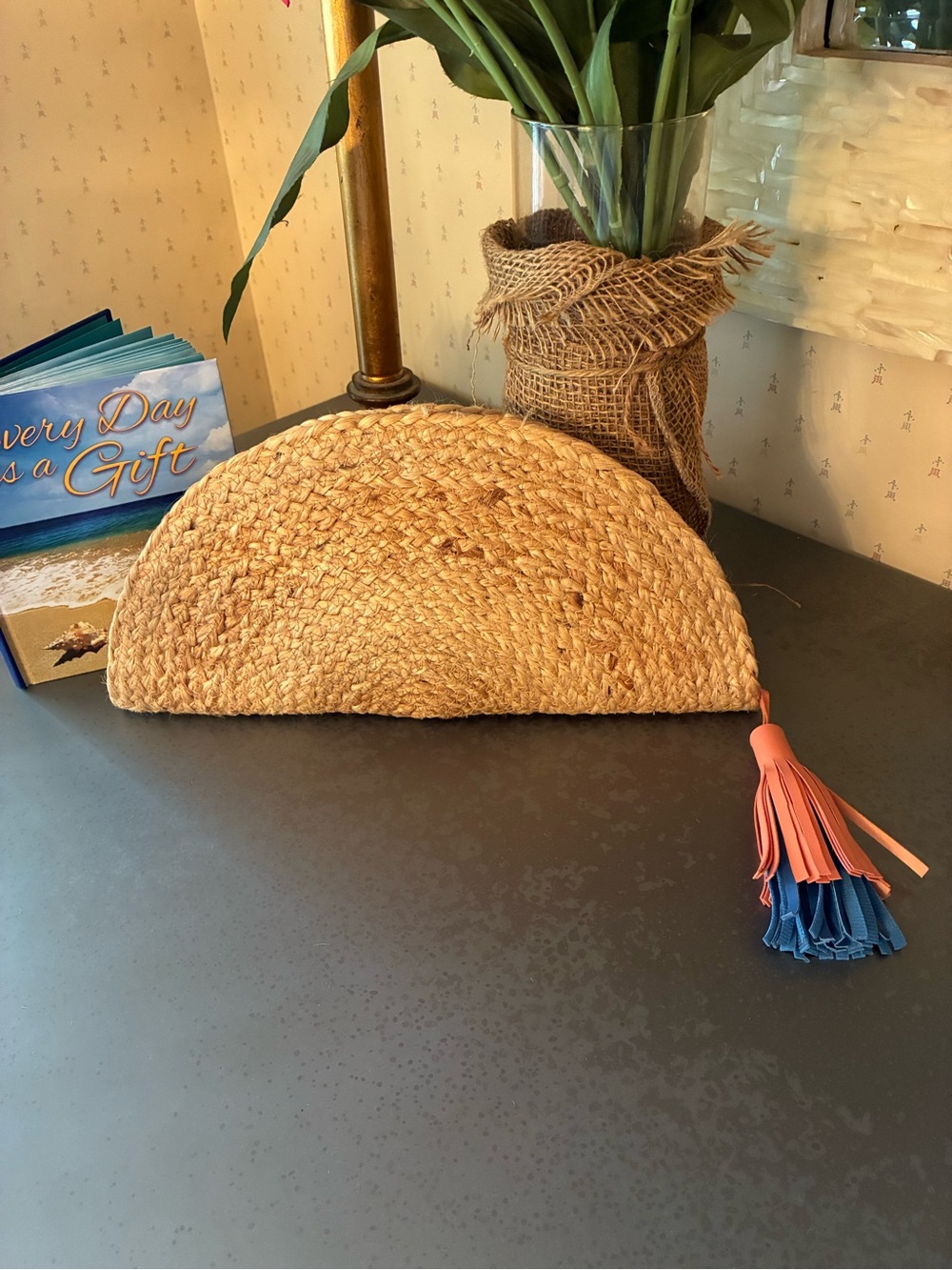 LULUS, Half Moon straw clutch purse, Woven Rattan, zipper.
